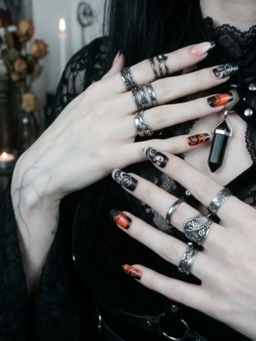 Gothic Tribal Swirl Press-On Nails Set (24 Pcs + Prep Kit)